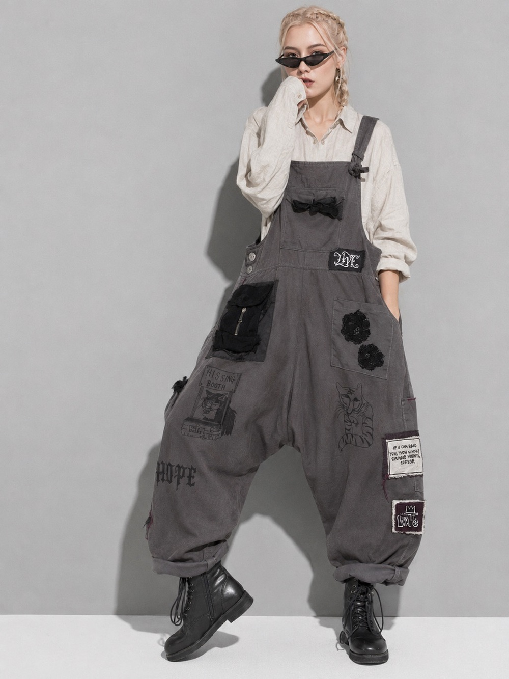 “Indulge your inner self “  Gray Patchwork Overalls with Black Accents